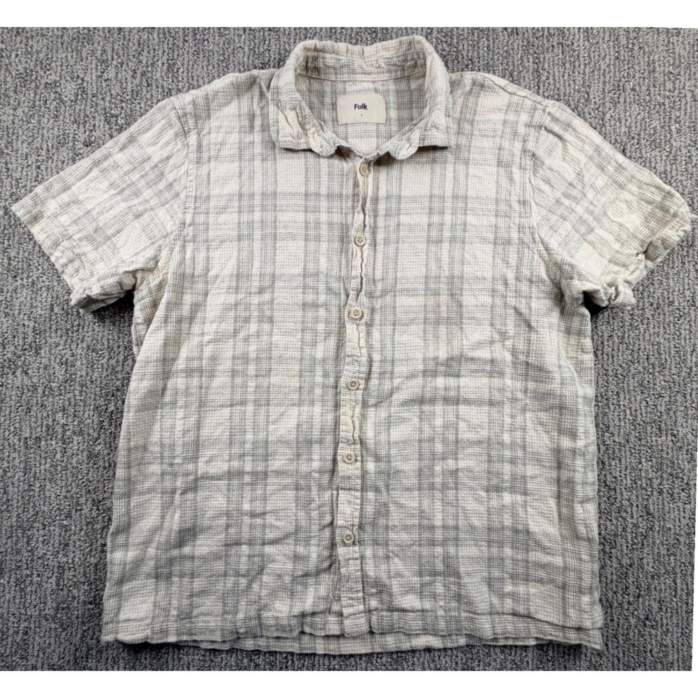 Folk Button Down Shirt Mens L Grey Plaid Linen Blend Short Sleeve Textured
